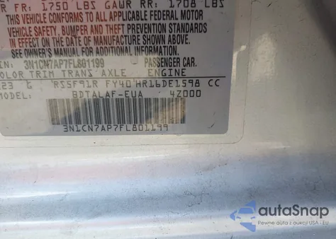 2015 Nissan Versa 1.6 S from USA, damaged, VIN 3N1CN7AP7FL801199